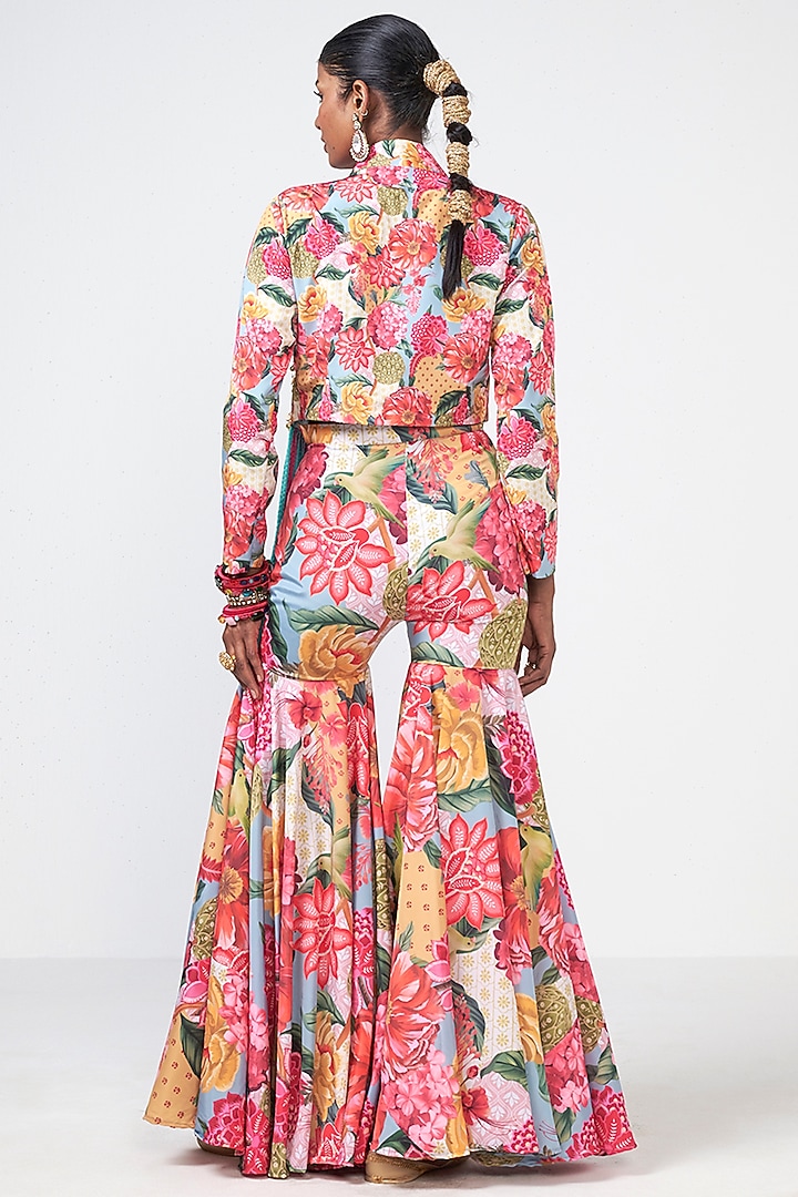Cyan Blue Crepe Applique Embroidered Jacket Set by Rishi & Vibhuti at Pernia's Pop Up Shop