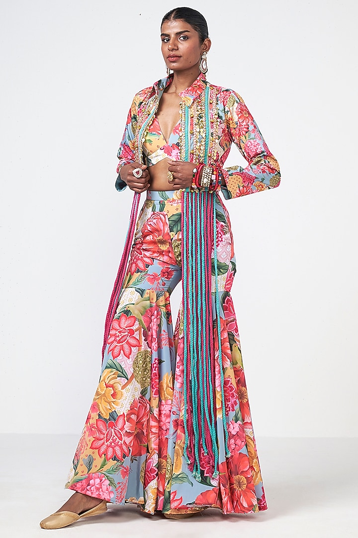 Cyan Blue Crepe Applique Embroidered Jacket Set by Rishi & Vibhuti at Pernia's Pop Up Shop