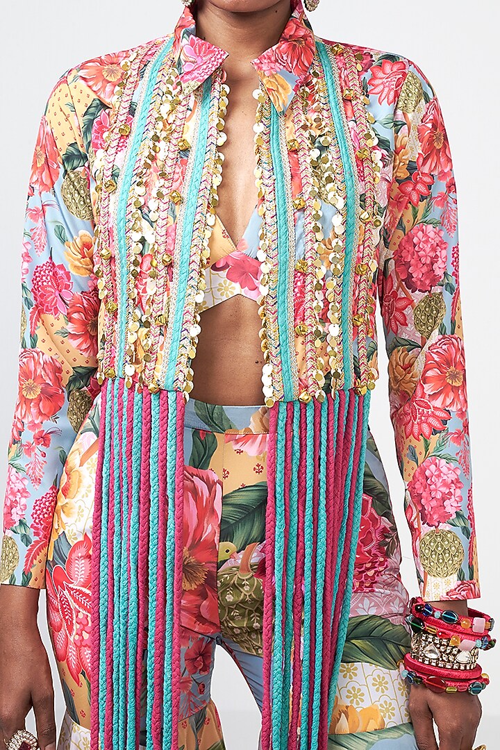 Cyan Blue Crepe Applique Embroidered Jacket Set by Rishi & Vibhuti at Pernia's Pop Up Shop