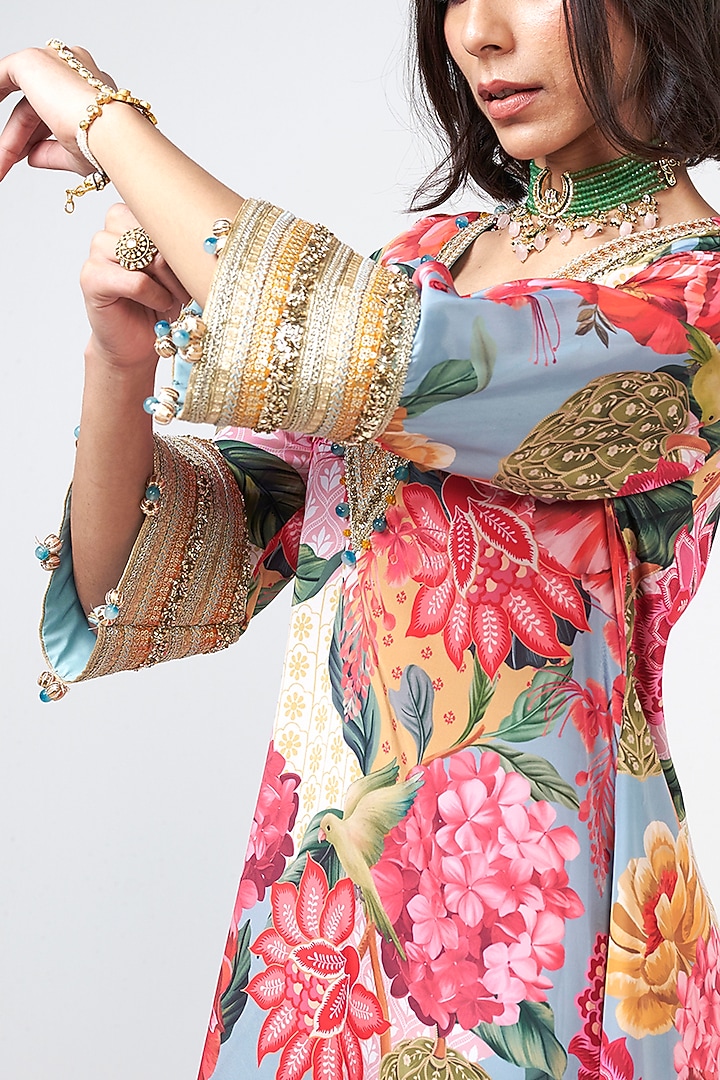 Cyan Blue Crepe Applique Embroidered Kurta Set by Rishi & Vibhuti at Pernia's Pop Up Shop