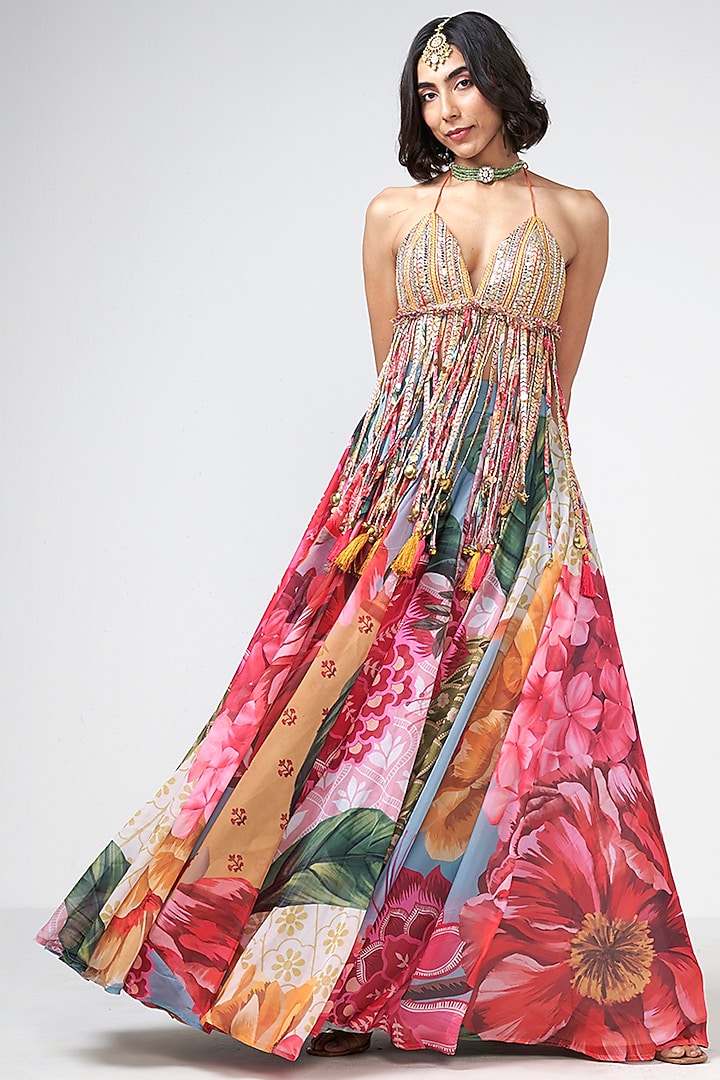Aqua Organza Trims Embellished Skirt Set by Rishi & Vibhuti at Pernia's Pop Up Shop