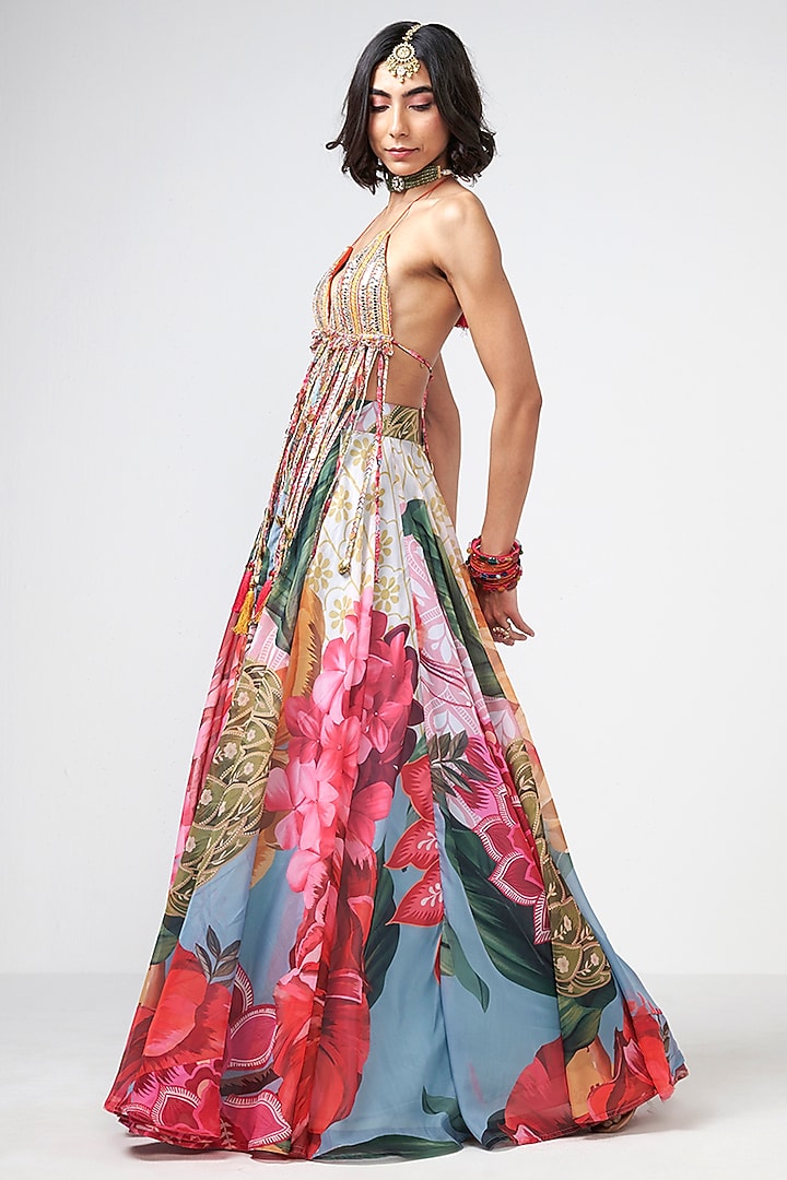 Aqua Organza Trims Embellished Skirt Set by Rishi & Vibhuti at Pernia's Pop Up Shop