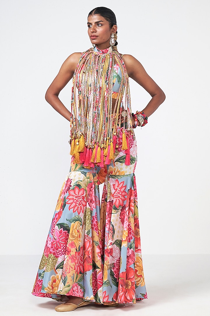 Cyan Blue Crepe Applique Embroidered Cape Set by Rishi & Vibhuti at Pernia's Pop Up Shop