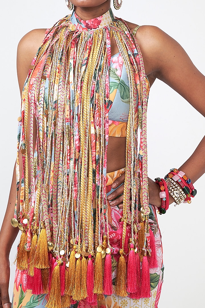 Cyan Blue Crepe Applique Embroidered Cape Set by Rishi & Vibhuti at Pernia's Pop Up Shop
