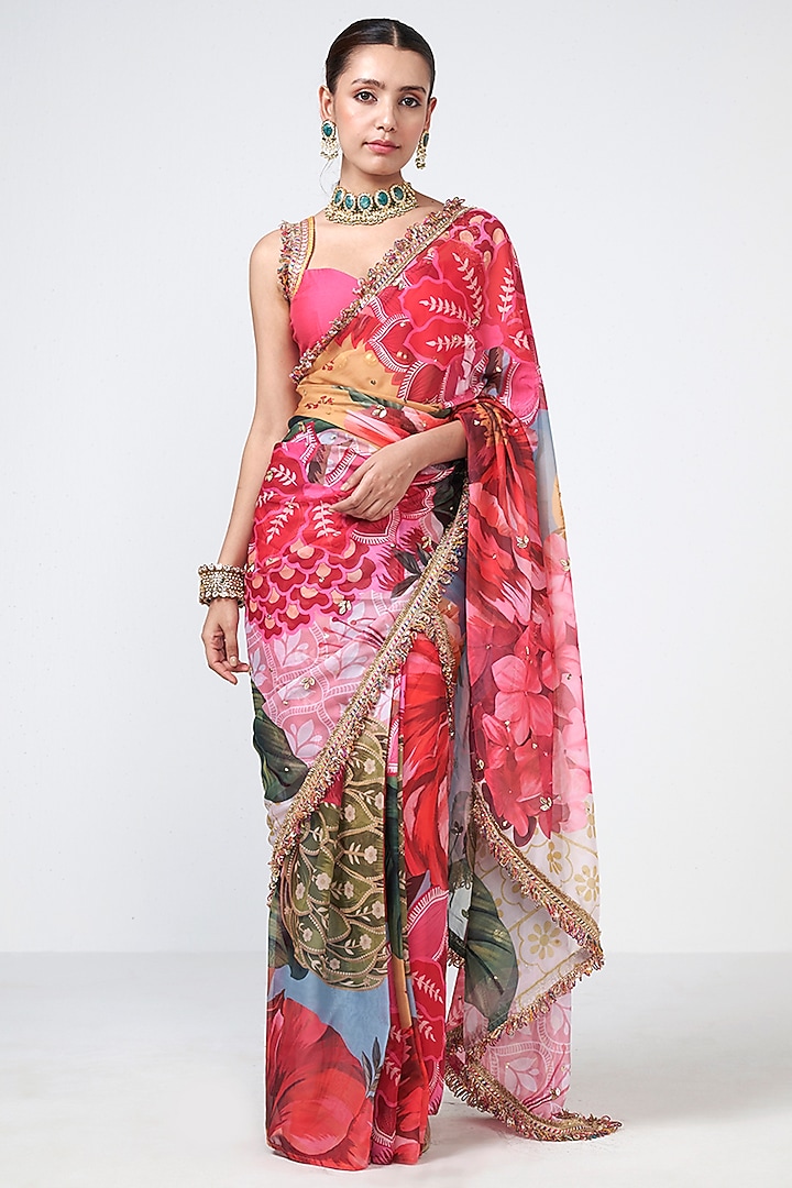 Cyan Blue Organza Applique Embroidered Wedding Saree Set by Rishi & Vibhuti at Pernia's Pop Up Shop