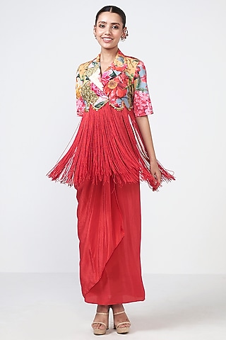 Coral Crepe Draped Skirt Set by Rishi & Vibhuti