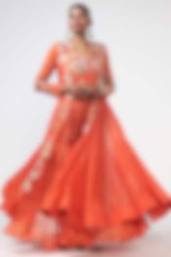 Narangi Crepe Applique Embroidered Cape Set by Rishi & Vibhuti at Pernia's Pop Up Shop