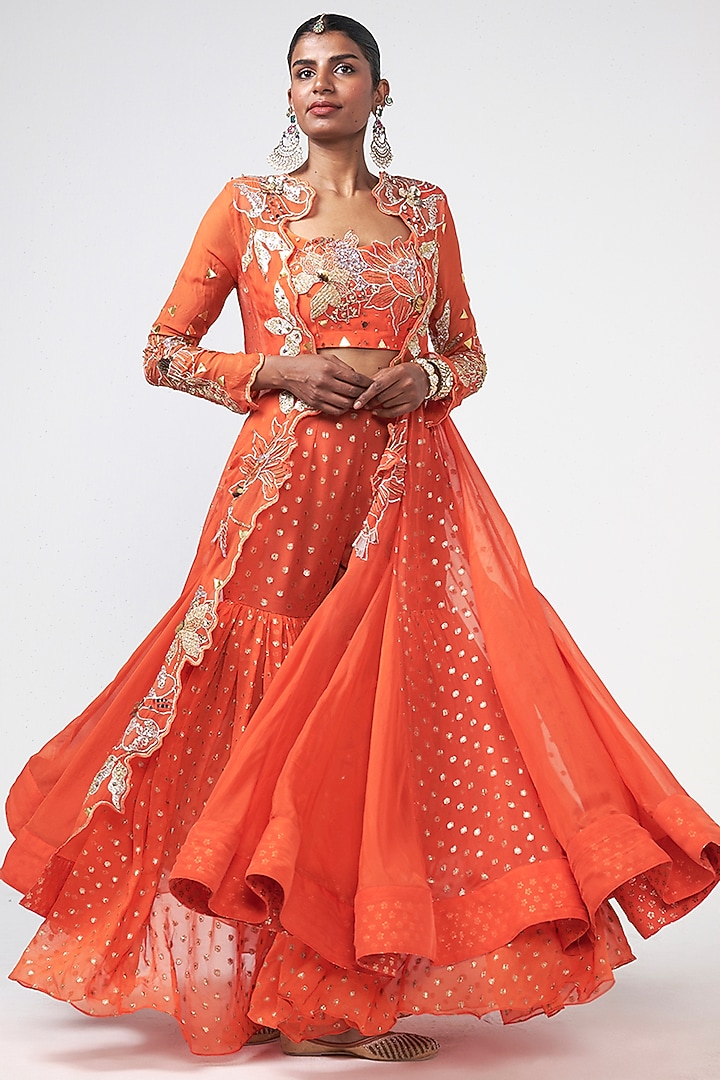 Narangi Crepe Applique Embroidered Cape Set by Rishi & Vibhuti at Pernia's Pop Up Shop
