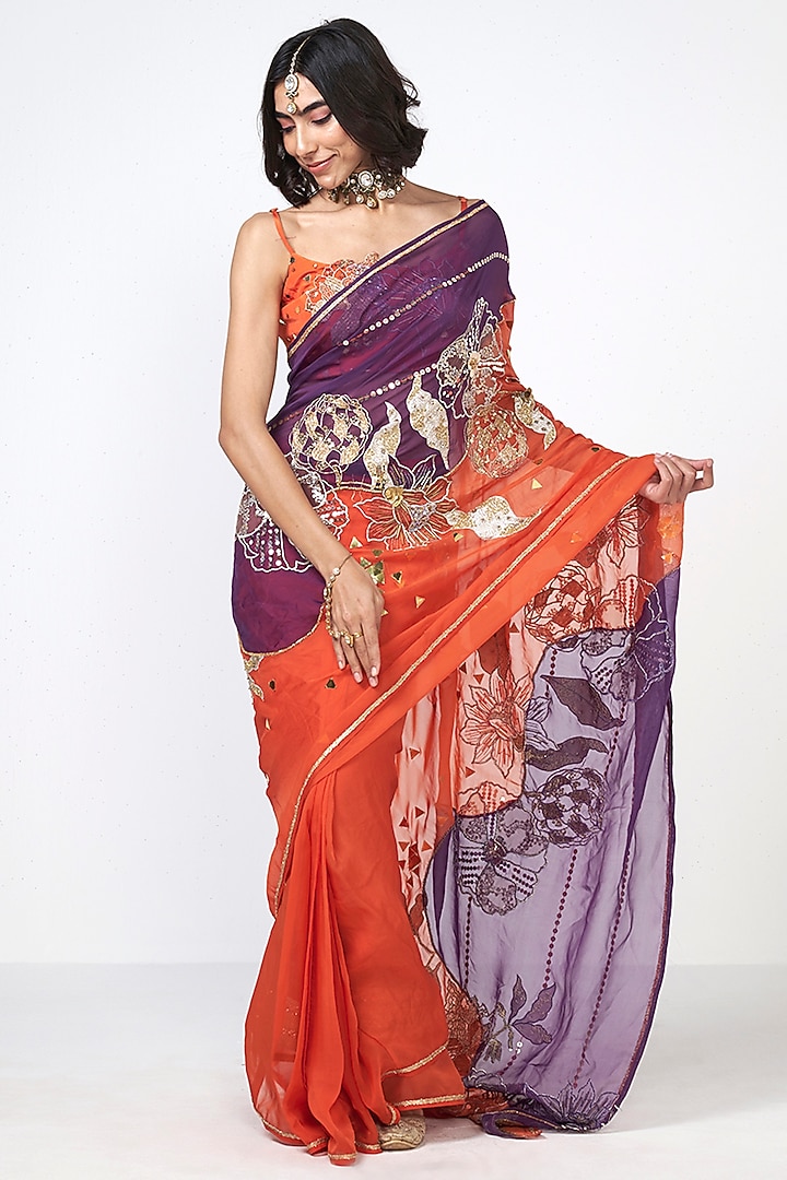 Narangi Organza Applique Embroidered Wedding Saree  by Rishi & Vibhuti at Pernia's Pop Up Shop