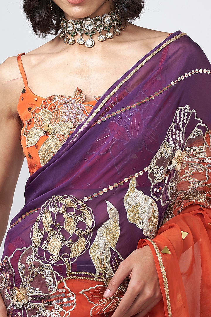 Narangi Organza Applique Embroidered Wedding Saree  by Rishi & Vibhuti at Pernia's Pop Up Shop