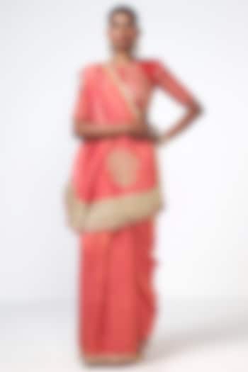 Coral Organza Applique Embroidered Wedding Saree Set by Rishi & Vibhuti at Pernia's Pop Up Shop