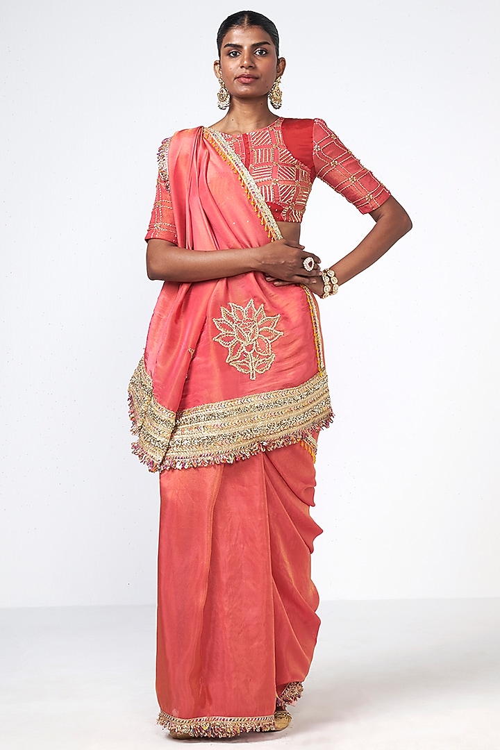 Coral Organza Applique Embroidered Wedding Saree Set by Rishi & Vibhuti at Pernia's Pop Up Shop