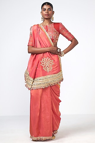 Coral Organza Applique Embroidered Saree Set by Rishi & Vibhuti
