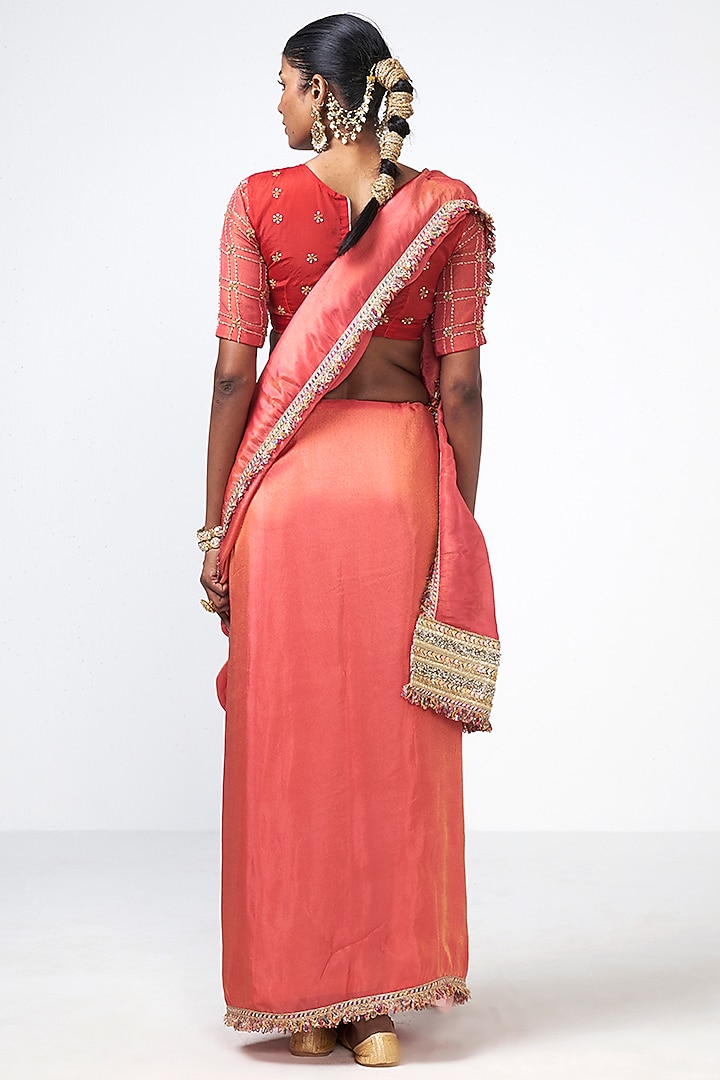 Coral Organza Applique Embroidered Wedding Saree Set by Rishi & Vibhuti at Pernia's Pop Up Shop