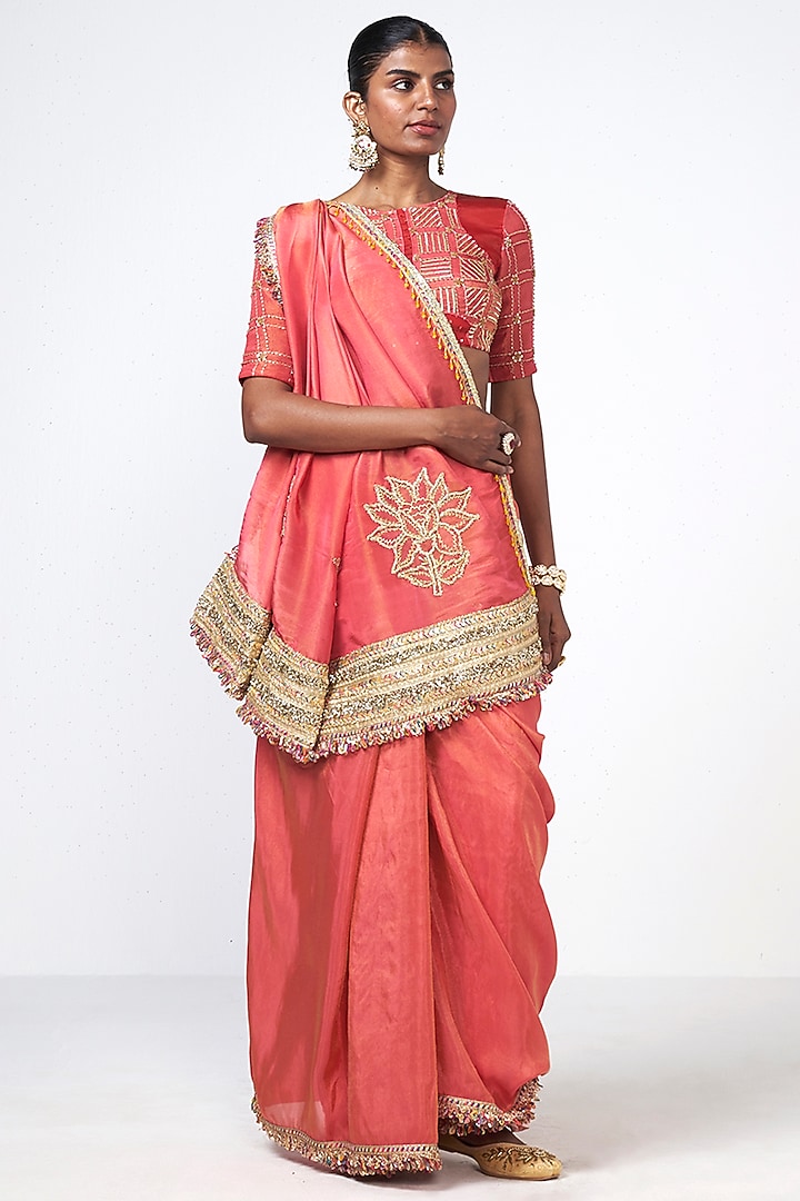 Coral Organza Applique Embroidered Wedding Saree Set by Rishi & Vibhuti at Pernia's Pop Up Shop