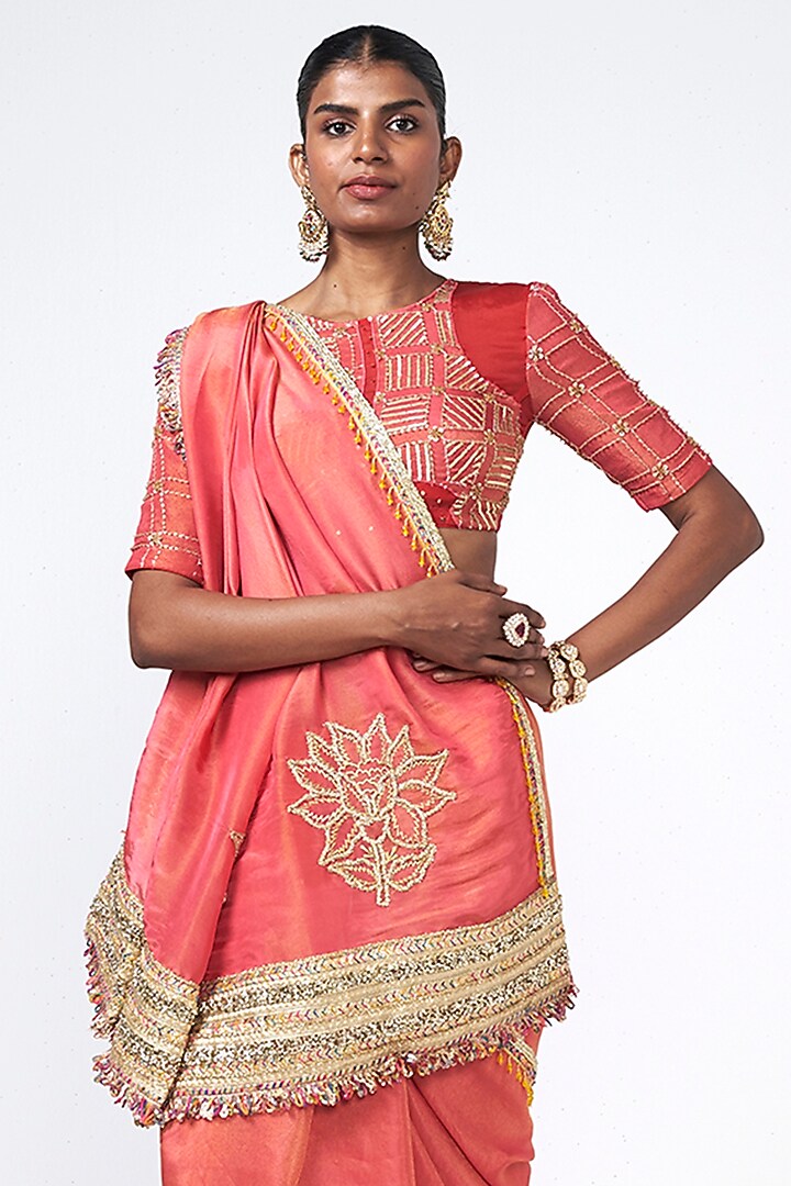 Coral Organza Applique Embroidered Wedding Saree Set by Rishi & Vibhuti at Pernia's Pop Up Shop