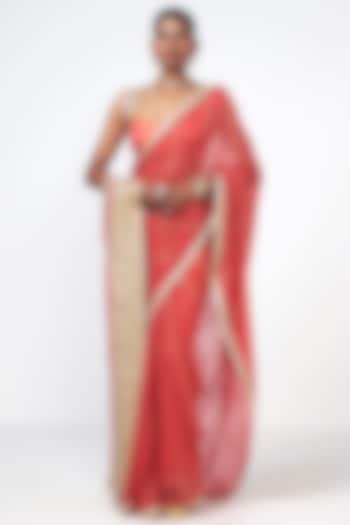 Coral Georgette Applique Embroidered Wedding Saree Set by Rishi & Vibhuti at Pernia's Pop Up Shop