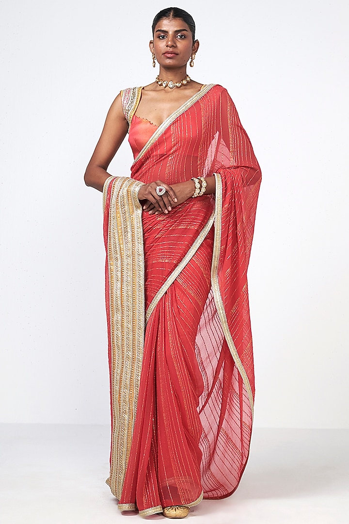 Coral Georgette Applique Embroidered Wedding Saree Set by Rishi & Vibhuti at Pernia's Pop Up Shop