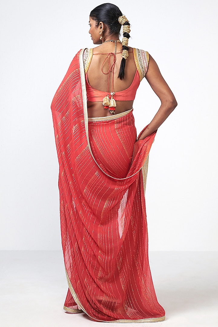 Coral Georgette Applique Embroidered Wedding Saree Set by Rishi & Vibhuti at Pernia's Pop Up Shop