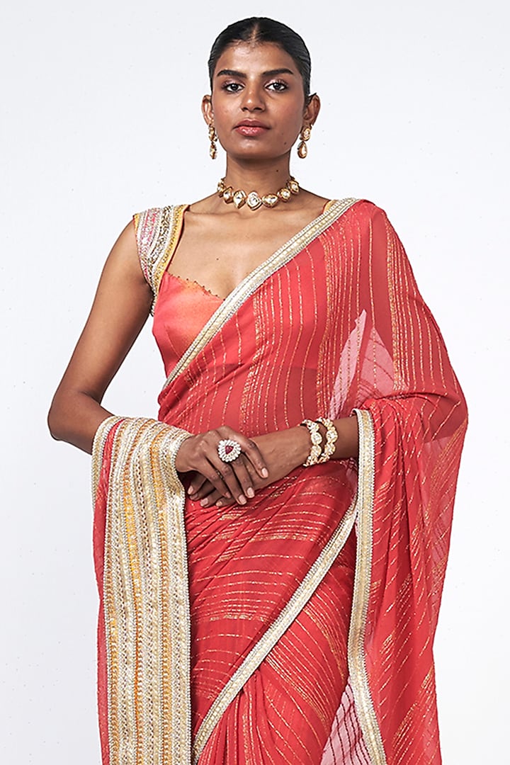 Coral Georgette Applique Embroidered Wedding Saree Set by Rishi & Vibhuti at Pernia's Pop Up Shop