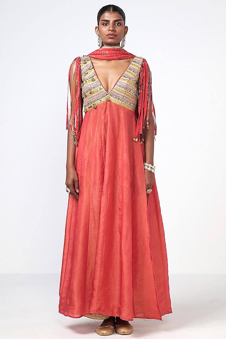 Coral Tissue Applique Embroidered Wedding Anarkali Set by Rishi & Vibhuti at Pernia's Pop Up Shop