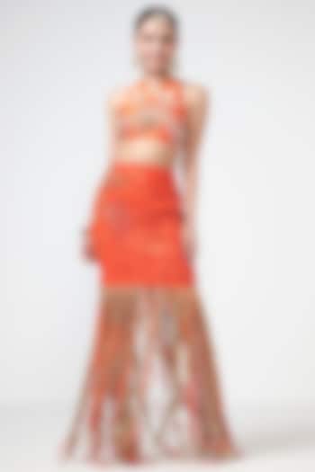 Coral Organza Trims Embroidered Skirt Set by Rishi & Vibhuti at Pernia's Pop Up Shop