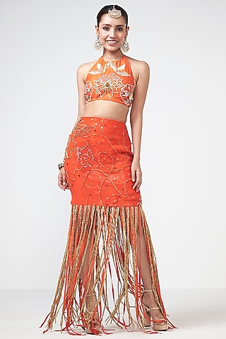 Coral Organza Trims Embroidered Skirt Set by Rishi & Vibhuti