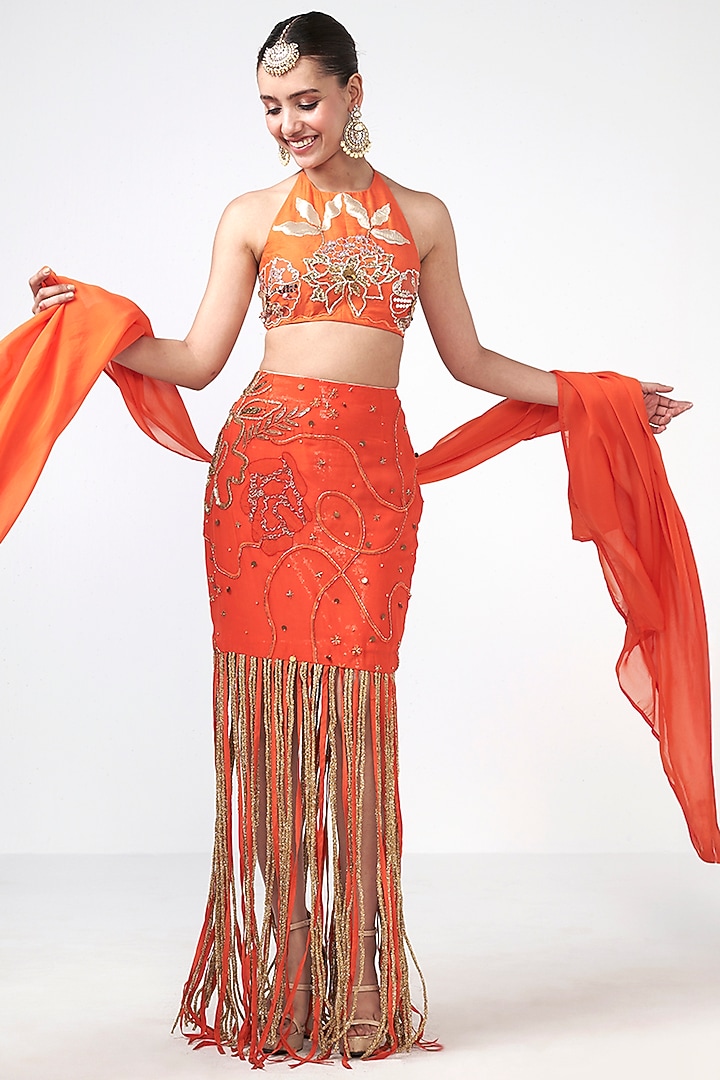 Coral Organza Trims Embroidered Skirt Set by Rishi & Vibhuti at Pernia's Pop Up Shop