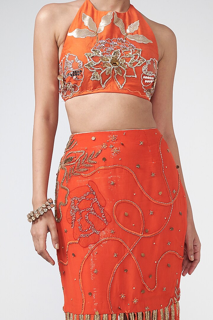 Coral Organza Trims Embroidered Skirt Set by Rishi & Vibhuti at Pernia's Pop Up Shop