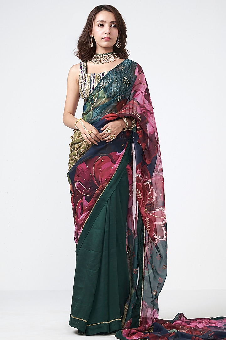 Emerald Green Organza Applique Embroidered Wedding Saree  by Rishi & Vibhuti at Pernia's Pop Up Shop