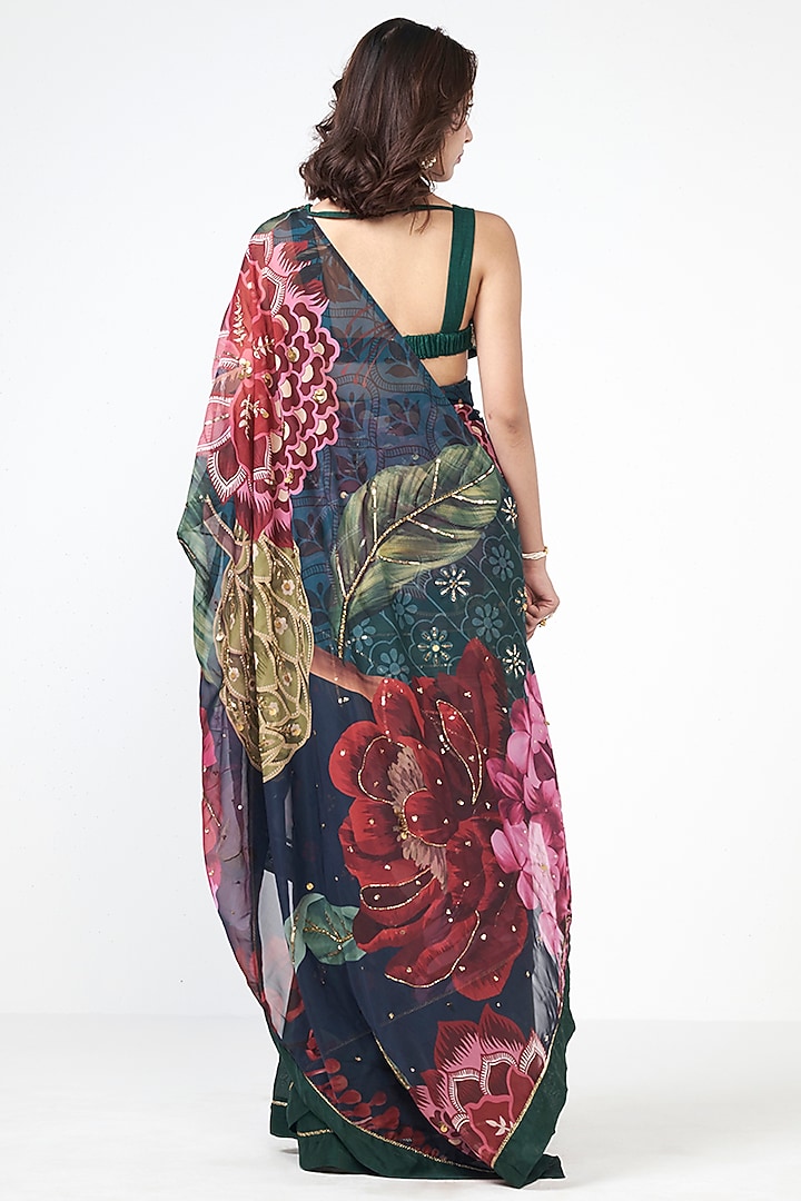 Emerald Green Organza Applique Embroidered Wedding Saree by Rishi & Vibhuti at Pernia's Pop Up Shop