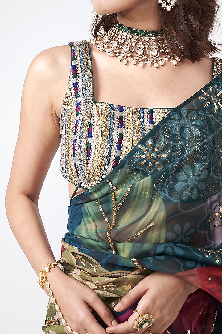 Emerald Green Organza Applique Embroidered Wedding Saree by Rishi & Vibhuti at Pernia's Pop Up Shop