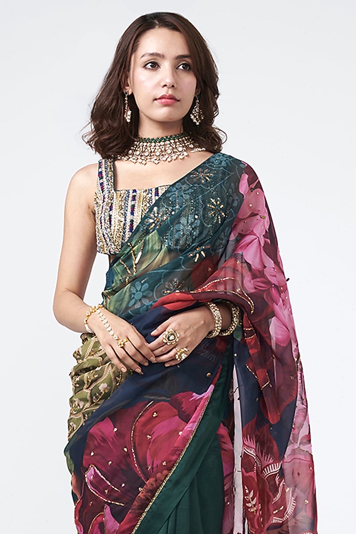 Emerald Green Organza Applique Embroidered Wedding Saree by Rishi & Vibhuti at Pernia's Pop Up Shop