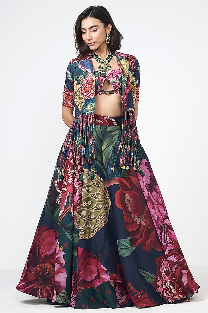 Emerald Green Organza Applique Embroidered Skirt Set by Rishi & Vibhuti at Pernia's Pop Up Shop