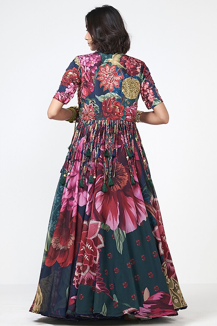 Emerald Green Organza Applique Embroidered Skirt Set by Rishi & Vibhuti at Pernia's Pop Up Shop