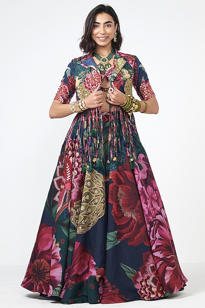 Emerald Green Organza Applique Embroidered Skirt Set by Rishi & Vibhuti at Pernia's Pop Up Shop
