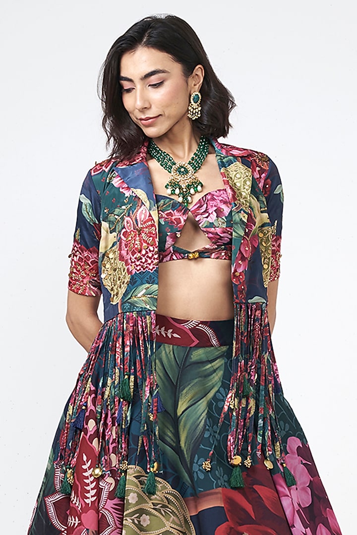Emerald Green Organza Applique Embroidered Skirt Set by Rishi & Vibhuti at Pernia's Pop Up Shop