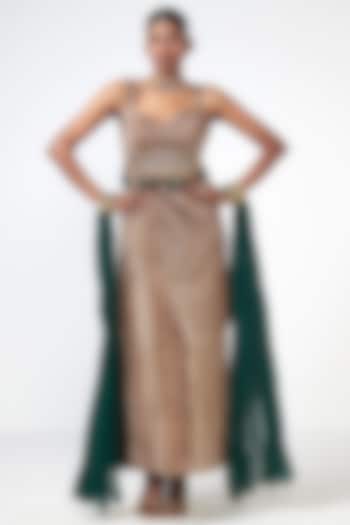 Crush Gold Organza Applique Embroidered Cocktail Dress With Cape by Rishi & Vibhuti at Pernia's Pop Up Shop