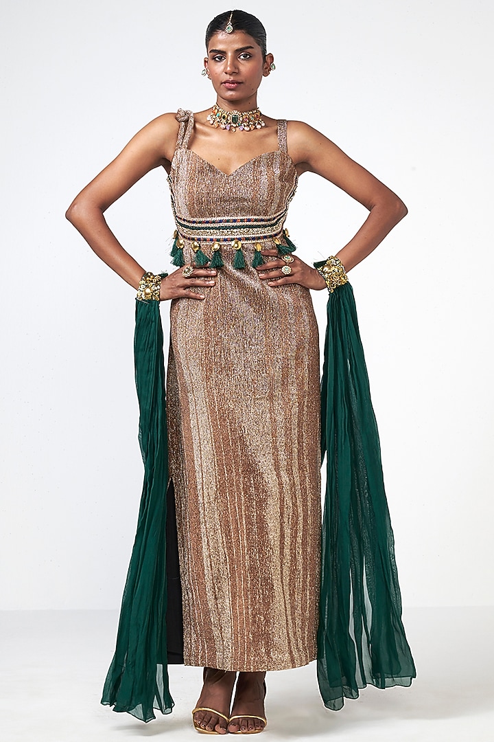 Crush Gold Organza Applique Embroidered Cocktail Dress With Cape by Rishi & Vibhuti at Pernia's Pop Up Shop