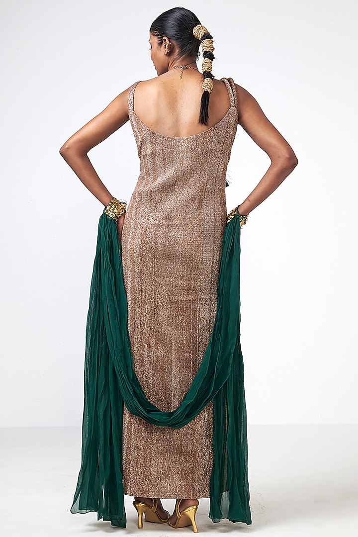 Crush Gold Organza Applique Embroidered Cocktail Dress With Cape by Rishi & Vibhuti at Pernia's Pop Up Shop