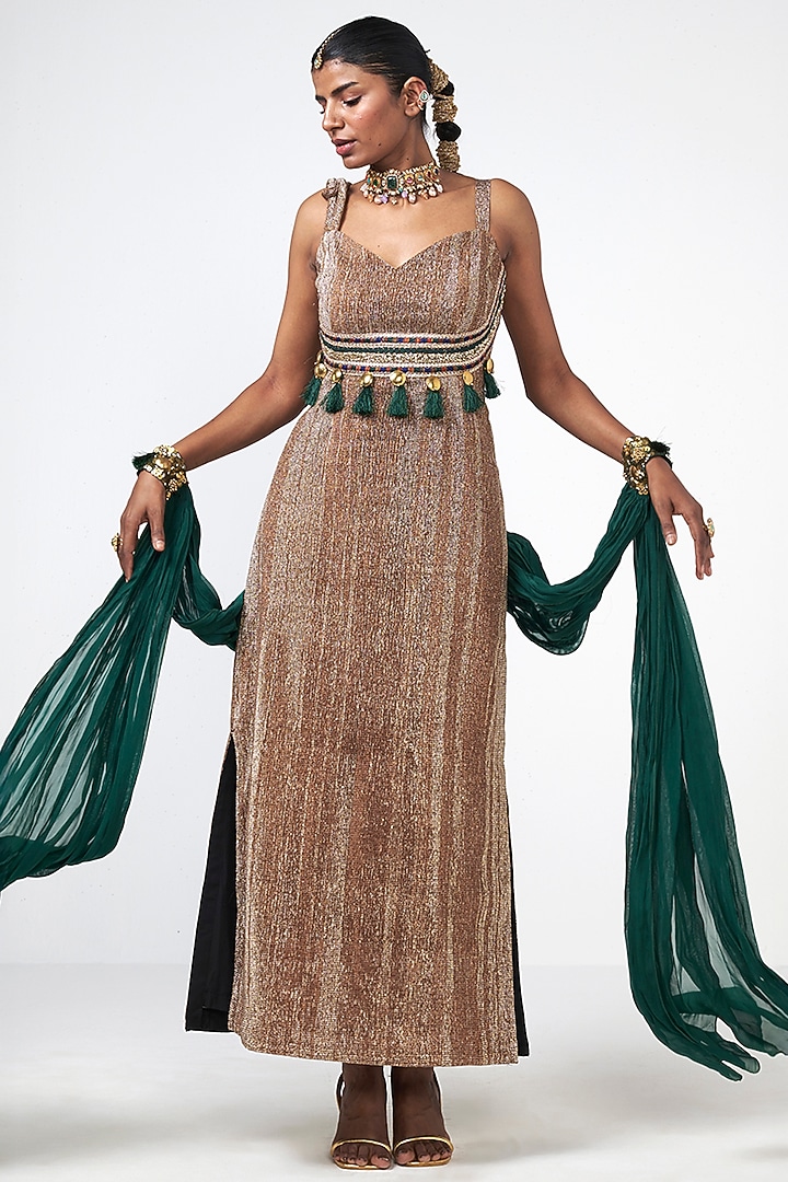 Crush Gold Organza Applique Embroidered Cocktail Dress With Cape by Rishi & Vibhuti at Pernia's Pop Up Shop