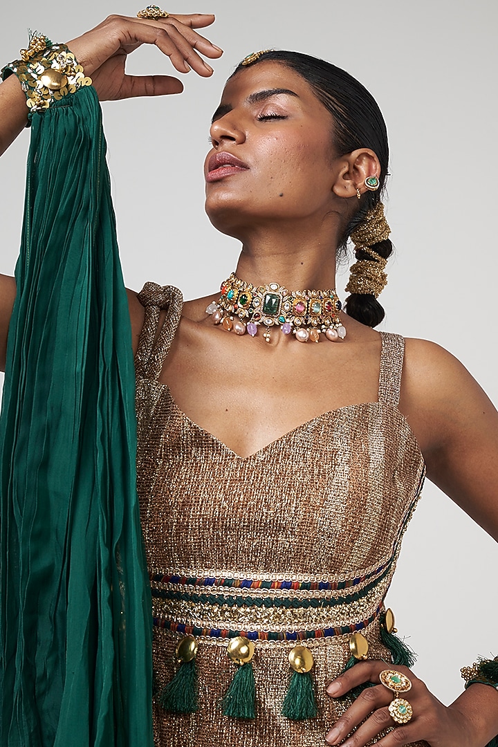 Crush Gold Organza Applique Embroidered Cocktail Dress With Cape by Rishi & Vibhuti at Pernia's Pop Up Shop