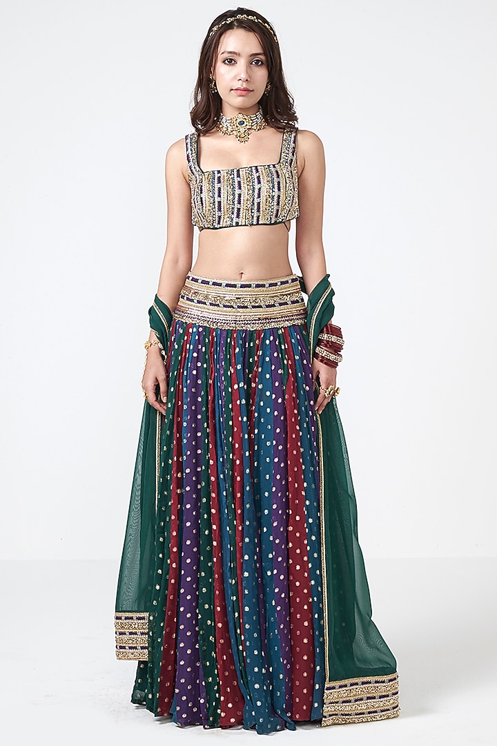Multi-Colored Crepe Applique Embroidered Skirt Set by Rishi & Vibhuti at Pernia's Pop Up Shop