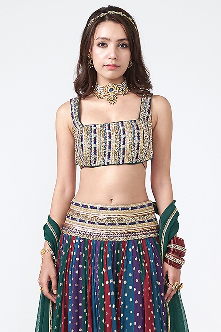 Multi-Colored Crepe Applique Embroidered Skirt Set by Rishi & Vibhuti at Pernia's Pop Up Shop