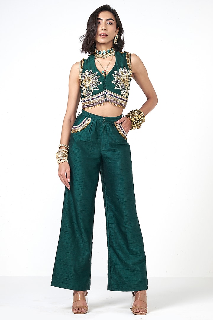 Bottle Green Dupion Sequins Embroidered Co-Ord Set by Rishi & Vibhuti at Pernia's Pop Up Shop