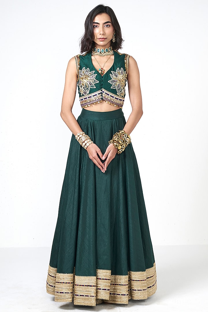 Bottle Green Dupion Sequins Embroidered Wedding Lehenga Set by Rishi & Vibhuti at Pernia's Pop Up Shop