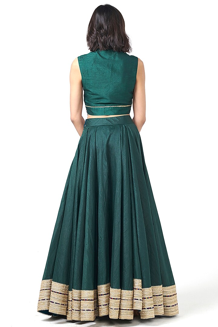 Bottle Green Dupion Sequins Embroidered Wedding Lehenga Set by Rishi & Vibhuti at Pernia's Pop Up Shop