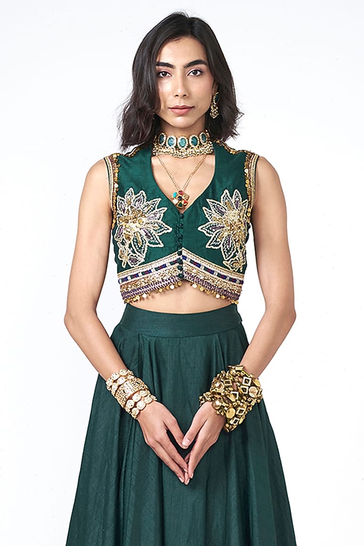 Bottle Green Dupion Sequins Embroidered Wedding Lehenga Set by Rishi & Vibhuti at Pernia's Pop Up Shop