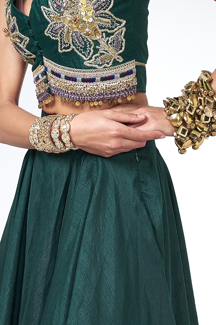 Bottle Green Dupion Sequins Embroidered Wedding Lehenga Set by Rishi & Vibhuti at Pernia's Pop Up Shop