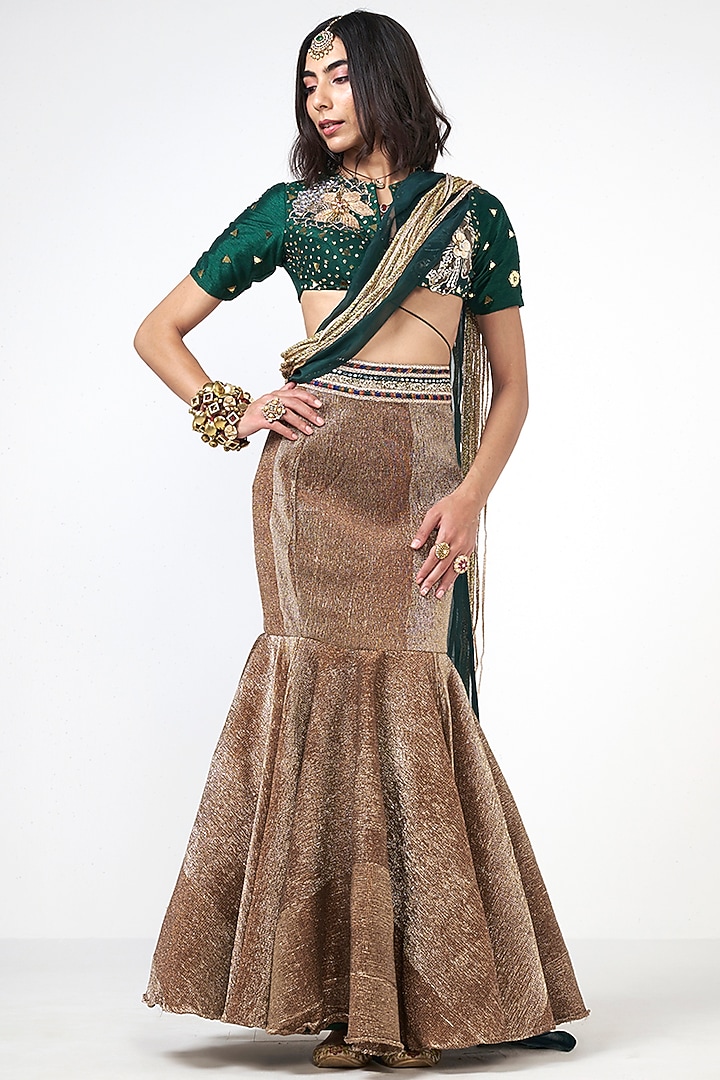 Crush Golden Dupion Embroidered Fish-Cut Skirt Set by Rishi & Vibhuti at Pernia's Pop Up Shop